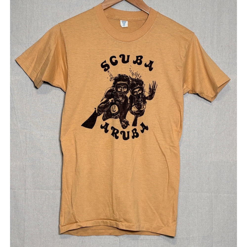Vintage Scuba Aruba T Shirt Mens Medium Tan Single Stitch 50/50 Made in USA 70s